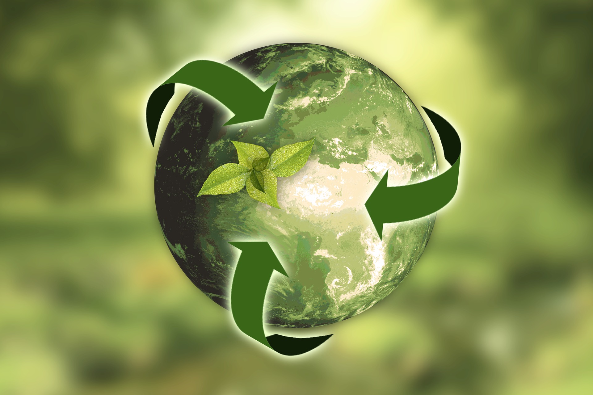 tekening van een groene aarde met pijlen eromheen zoals het recycling teken